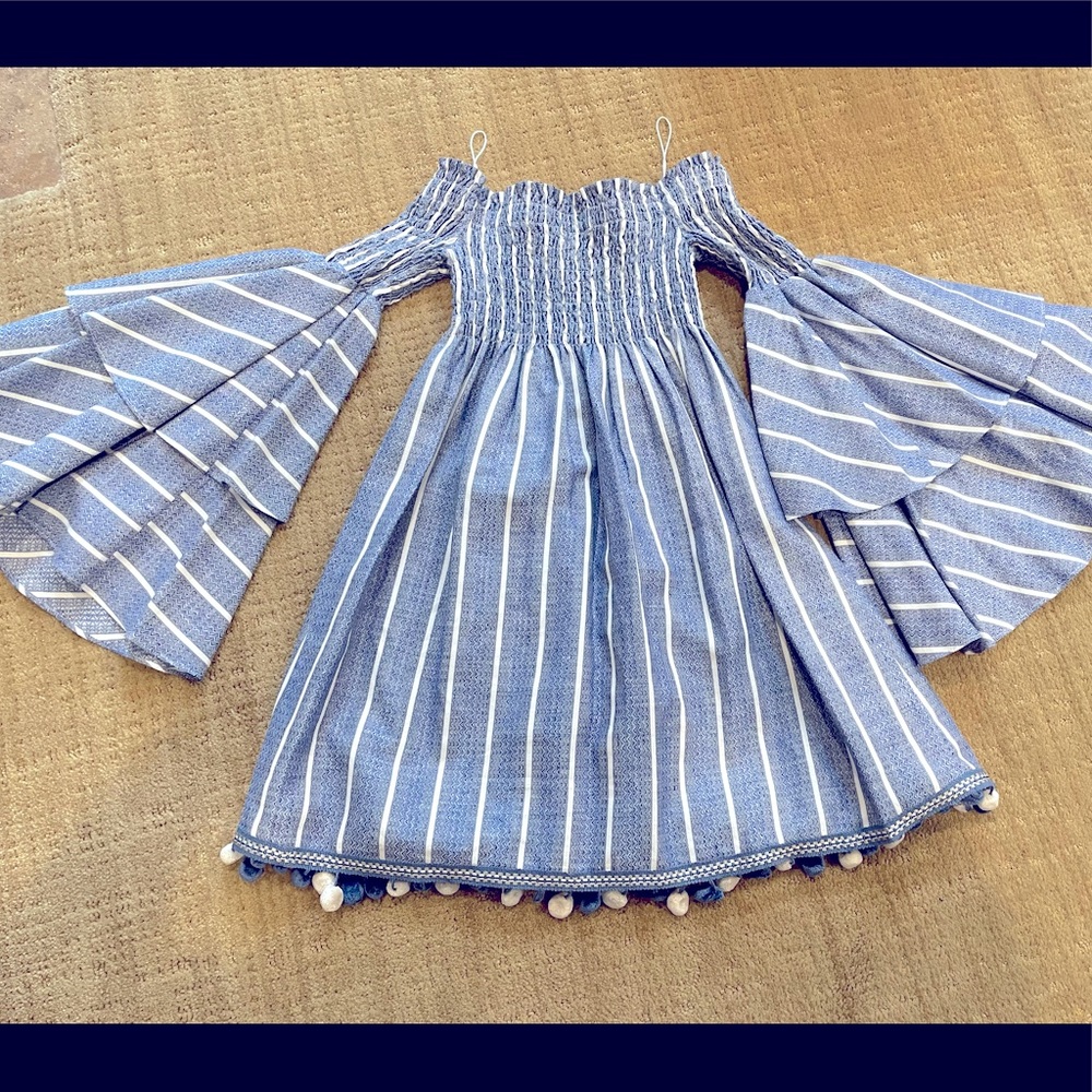 Blue Striped Off-Shoulder Bell Sleeve Dress